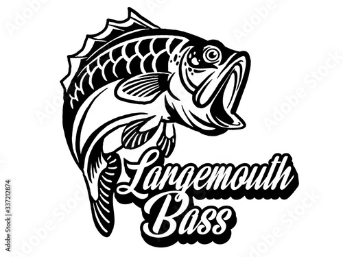 Illustration of a bass with fins, tail and open mouth