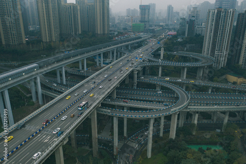 Aerial drone shot of flyover highway to E'GongYan Bridge in Chongqing, China