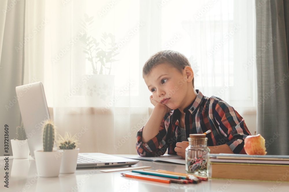Young boy studying at home using online lessons on laptop on the sofa. Quarantine at home. Distance learning, online education for kids. Young boy studying at home using online lessons on laptop on the sofa. Quarantine at home. Distance learning, online education for kids.