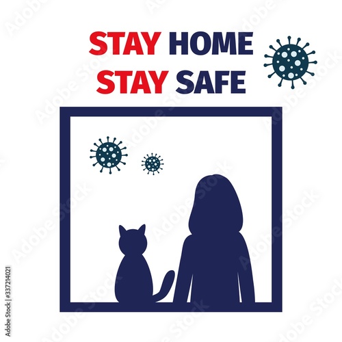 Stay home, stay safe - text quote. Coronavirus outbreak and quarantine concept. Self-isolation to stop covid-19 pandemic. Vector illustration isolated on white background. Stock illustration. 