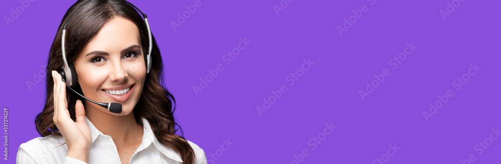 Call Center Service. Beautiful customer support or sales female agent. Caller or receptionist phone operator. Copy space. Helping, answering, consulting. Over purple violet color background. Call Center Service. Beautiful customer support or sales female agent. Caller or receptionist phone operator. Copy space. Helping, answering, consulting. Over purple violet color background.