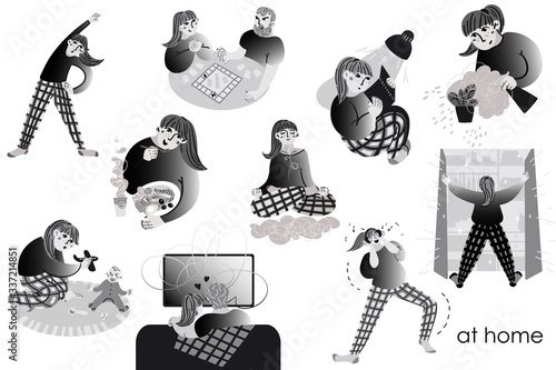 A series of vector illustrations of things to do while staying at home. Black and white.