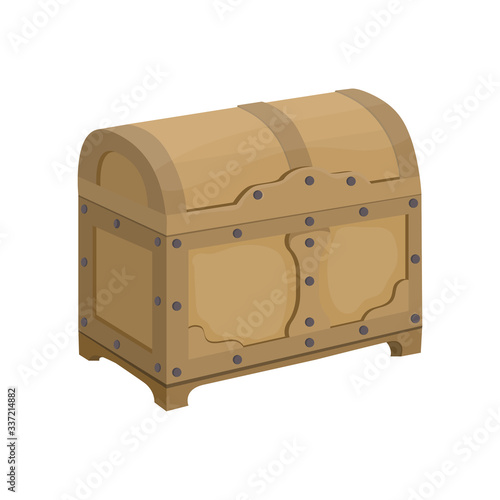 Vector illustration of a vintage wooden chest in cartoon style. Large Chest with a round lid For treasures and pirates, as well as for storing things or products