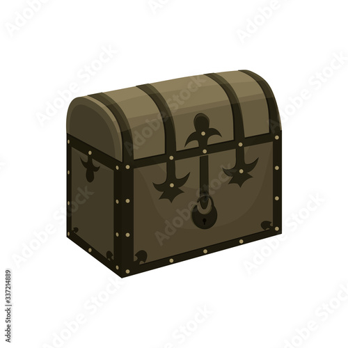 Vector illustration of a vintage wooden dark color chest in cartoon style. Large Chest with a round lid and metal upholstery For treasures and pirates, as well as for storing things or products