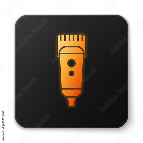 Orange glowing neon Electrical hair clipper or shaver icon isolated on white background. Barbershop symbol. Black square button. Vector Illustration