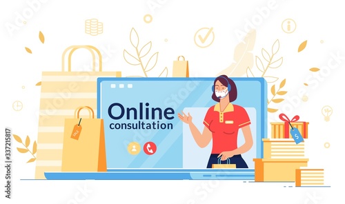 Online Consultation during Coronavirus Outbreak. Shop Assistant in Headset, Facemask Consulting Consumer about Discount, Sale, Bonus, Gift on Laptop Screen during Covid19 Pandemic. Technical Support