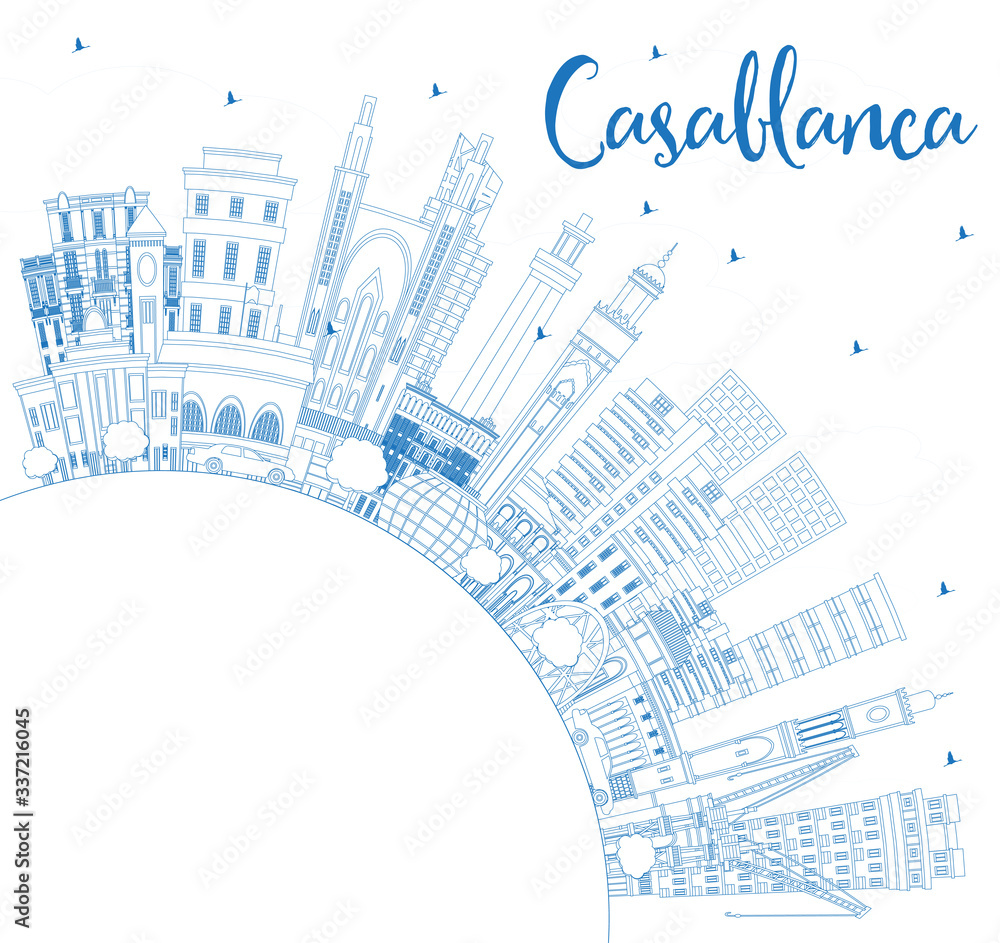 Outline Casablanca Morocco City Skyline with Blue Buildings and Copy Space.