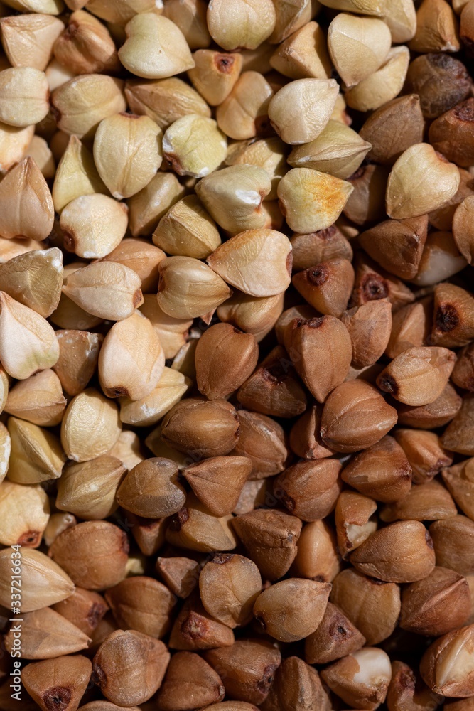 Solid background of raw and fried buckwheat macro Solid background of raw and fried buckwheat macro