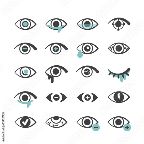 Eyes icons. Ophthalmology medical symbols optical problems with eyes blindness cataracts tears myopia farsightedness. Vector pictograms