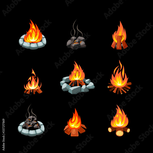 campfire. collection pictures of glowing flame from bonfire tourism outdoor symbols natural forest fire places. Vector cartoon set