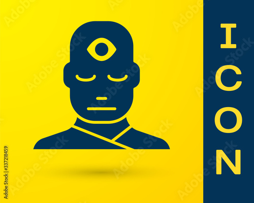 Blue Man with third eye icon isolated on yellow background. The concept of meditation, vision of energy, aura. Vector Illustration