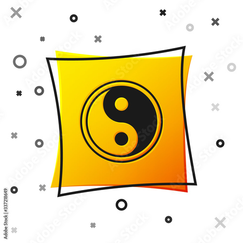 Black Yin Yang symbol of harmony and balance icon isolated on white background. Yellow square button. Vector Illustration