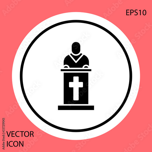 Black Church pastor preaching icon isolated on red background. White circle button. Vector Illustration