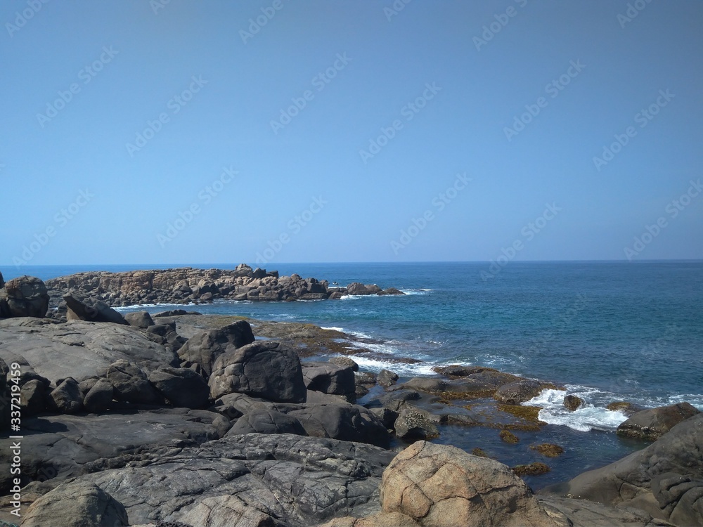 coaslandscape, water, ocean, sky, rock, rocks, nature, blue, waves, travel, stone, coastline,  blue sky
