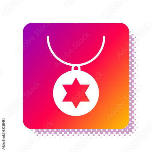 White Star of David necklace on chain icon isolated on white background. Jewish religion. Symbol of Israel. Jewellery and accessory. Square color button. Vector Illustration