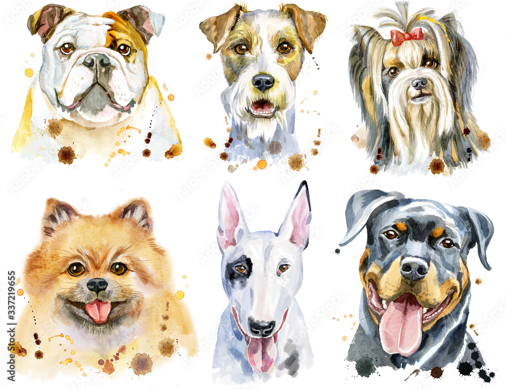 Fototapeta premium Set of watercolor portraits of dogs for decoration