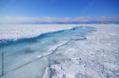 Natural landscape of frozen Lake Baikal  Siberia  Russia in winter