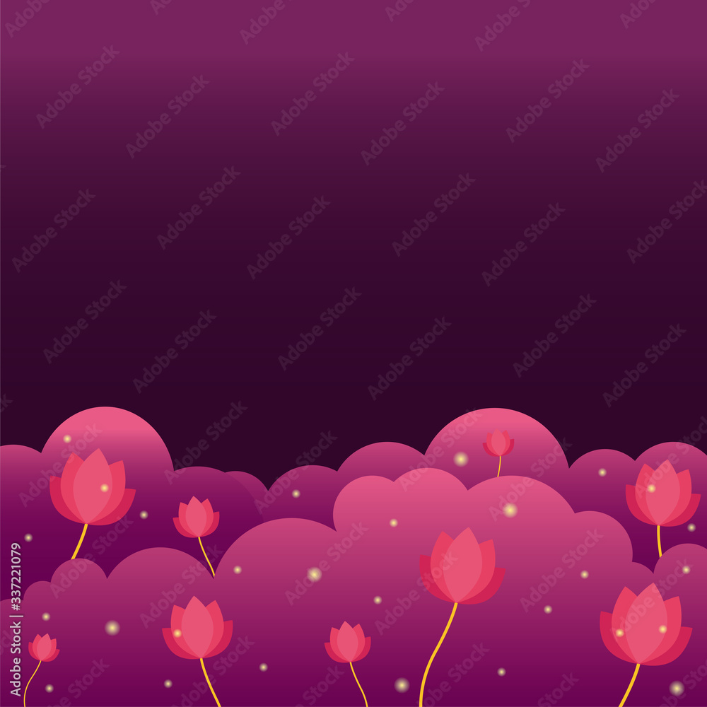 Lotuses in purple clouds. Heavenly background with flowers. Vector illustration isolated on a white background.