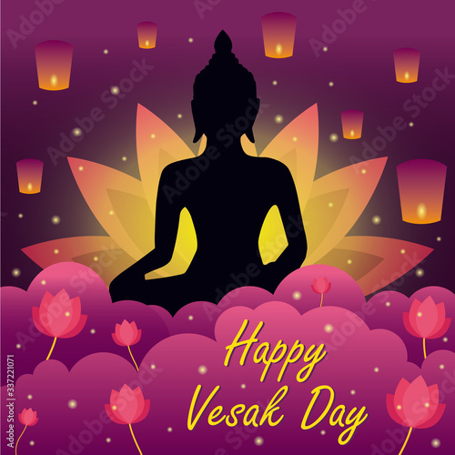 Vesak day. The day of the birth, enlightenment and death of the founder of Buddhism. The Buddha in the Lotus. Purple and yellow.