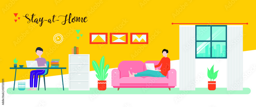 Flat illustration of character working on computer at home for prevention from corona virus Premium Vector

