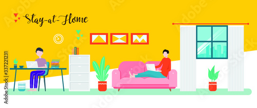Flat illustration of character working on computer at home for prevention from corona virus Premium Vector 