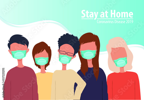 People wearing medical masks to prevent disease, flu, air pollution, contaminated air, world pollution. words Stay at home and coronavirus disease 2019 ( Covid-19 )
