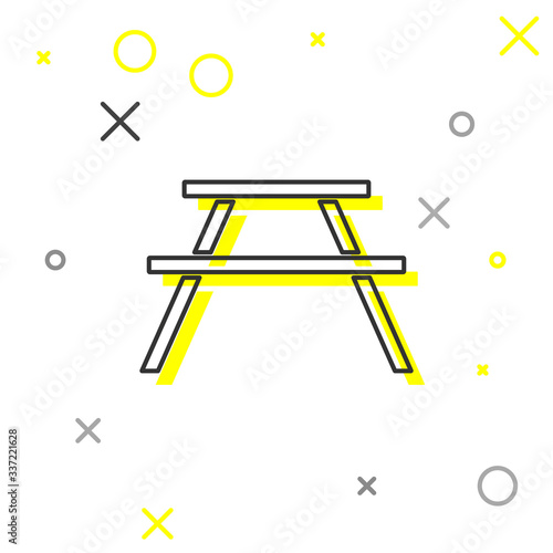 Grey line Picnic table with benches on either side of the table icon isolated on white background. Vector Illustration