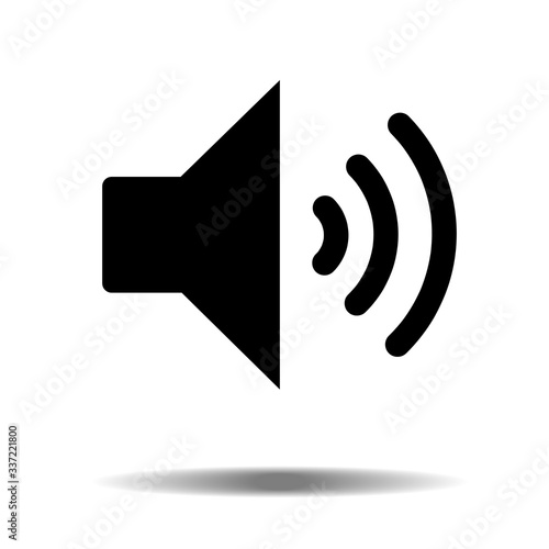 Black audio speaker volume or music speaker volume on line art icon isolated on white backgeound with shadow for apps and websites. Vector illustration EPS10