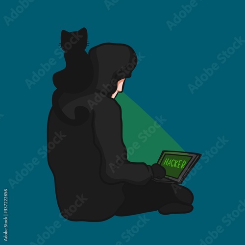 Hacker using laptop with black cat friend cartoon vector illustration