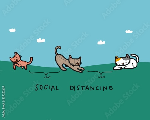 Cat social distancing cartoon vector illustration