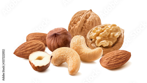 Cashew, walnut, hazelnut and almond nuts isolated on white background. Trail mix. Package design element with clipping path