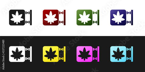 Set Marijuana and cannabis store icon isolated on black and white background. Equipment and accessories for smoking, storing medical cannabis. Vector Illustration