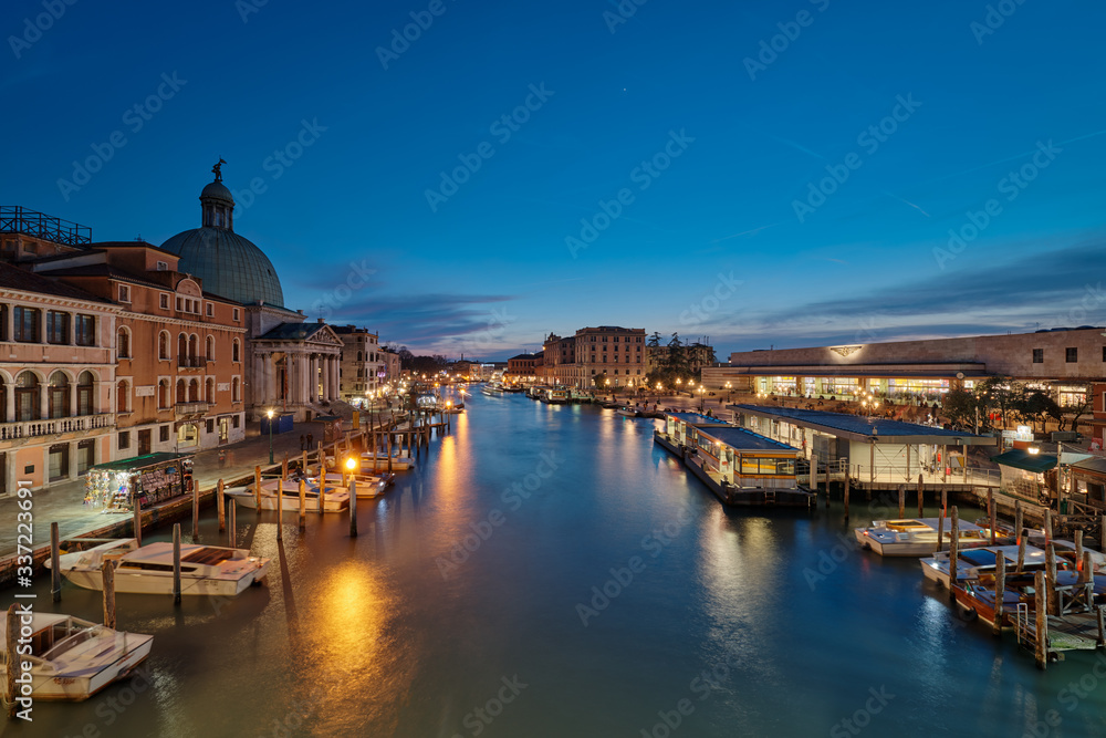 VENICE, ITALY February 16 , 2020 Panoramic sunset view. View of the Grand Canal from the Bridge of the Barefoot (Ponte degli Scalzi).
