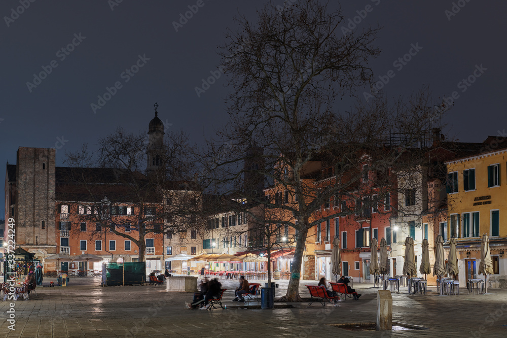 Venice, Italy - February 17, 2020: Night view of the Campo Santa Margherita square,one of the biggest squares in Venice
