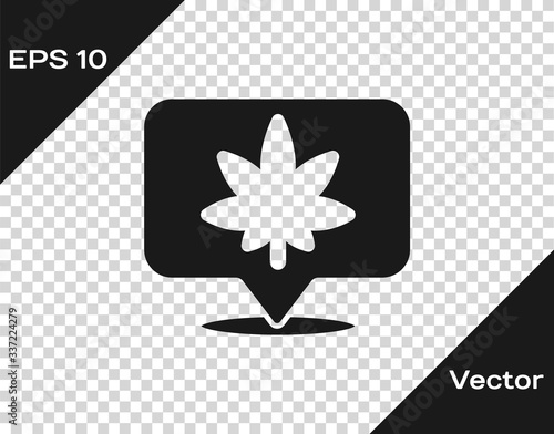 Black Map pointer and marijuana or cannabis leaf icon isolated on transparent background. Hemp symbol. Vector Illustration