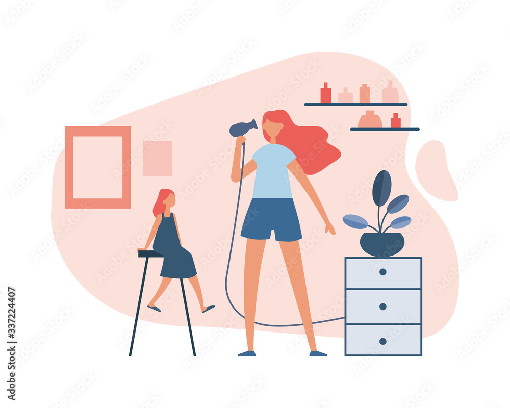 Daughter watching mother drying hair. Flat vector illustration Daughter watching mother drying hair. Flat vector illustration