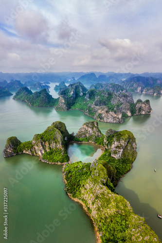 Aerial view Ba Hang floating fishing village, rock island, Halong Bay, Vietna...