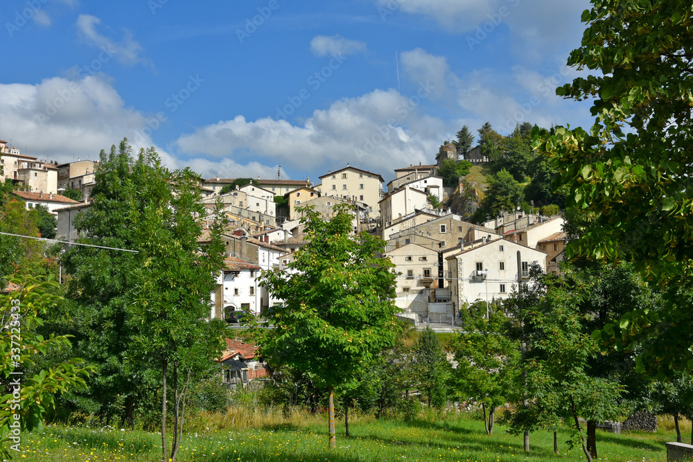 Panoramic view of a town in the mountains of the Abruzzo region of Italy
