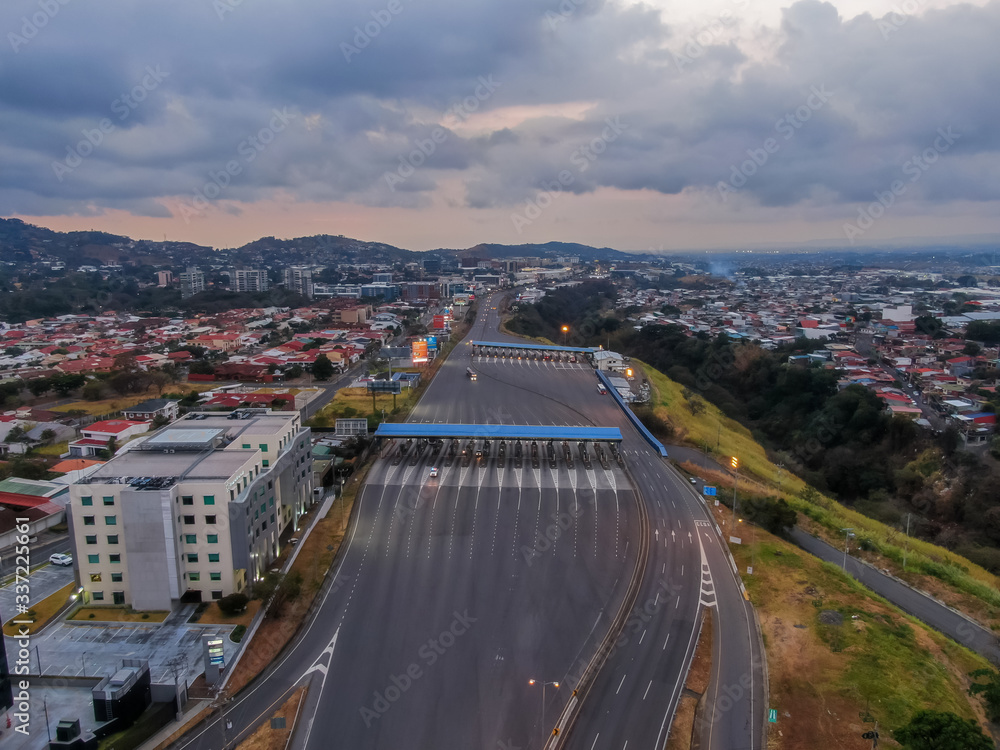 Impressive aerial view of the 27 highway empty without cars due to quarantine for corona virus in Costa Rica