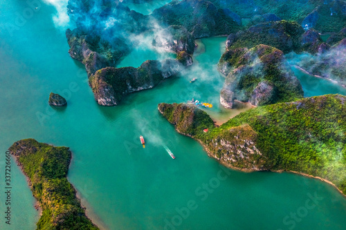 Photos Aerial view of Sang cave and Kayaking area, Halong Bay, Vietnam, Southeast Asia