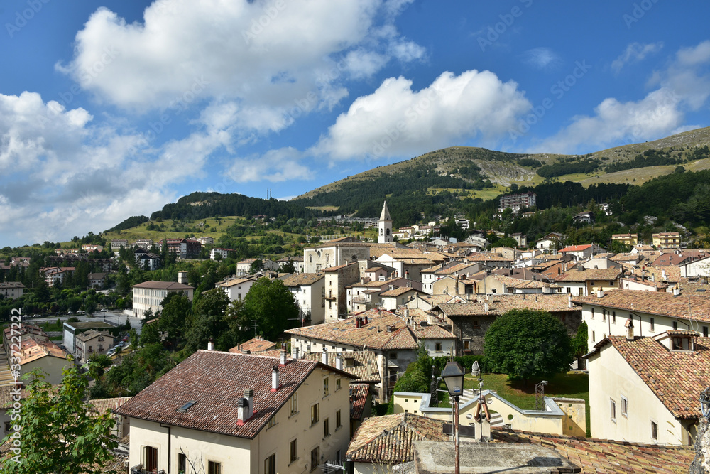 Panoramic view of a town in the mountains of the Abruzzo region of Italy