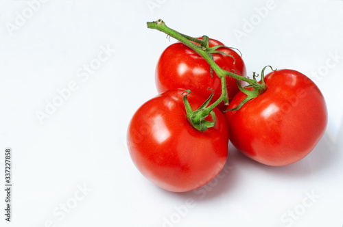three tomatoes at a twig on white background
