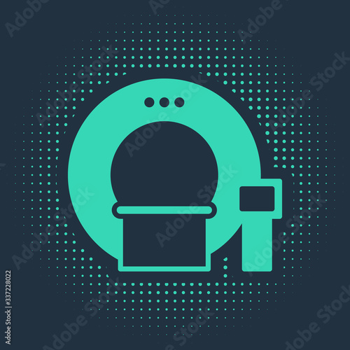 Green Tomography icon isolated on blue background. Medical scanner, radiation. Diagnosis, radiology, magnetic resonance therapy. Abstract circle random dots. Vector Illustration