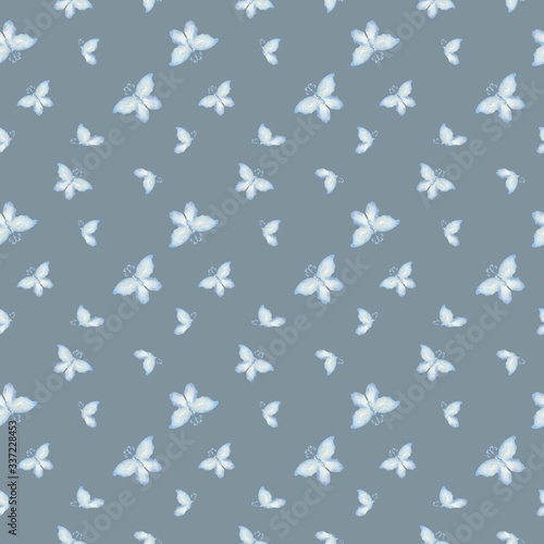 Blue butterflies on a gray-blue background. Seamless watercolor pattern. For prints on fabric and paper, etc.