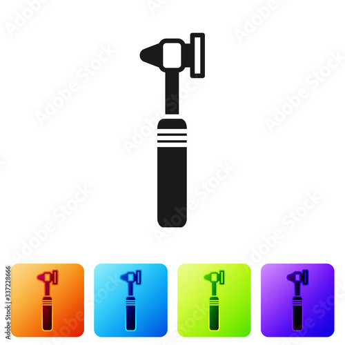 Black Medical otoscope tool icon isolated on white background. Medical instrument. Set icons in color square buttons. Vector Illustration