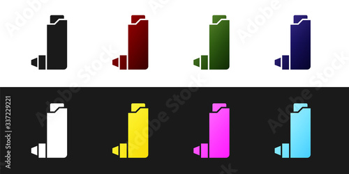 Set Inhaler icon isolated on black and white background. Breather for cough relief, inhalation, allergic patient. Vector Illustration