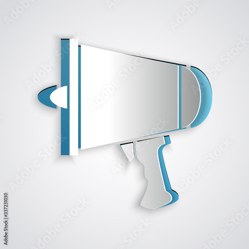 Paper cut Spread the word, megaphone icon isolated on grey background. Paper art style. Vector Illustration