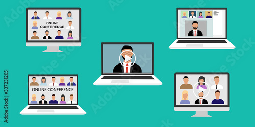 Video Conference Online virtual meetings, work at home during the coronavirus. Webinars or remote work. Illustration of a conference communication screen, video conferencing. Vector illustration