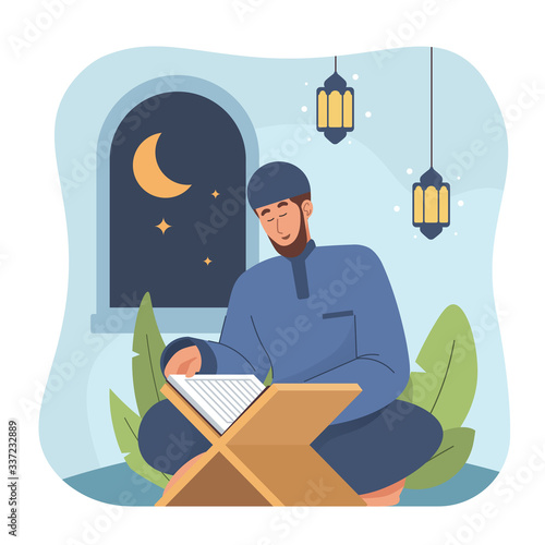 Muslim man reading holy quran. Ramadan kareem flat cartoon illustration