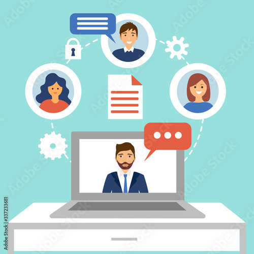 Video conference concept vector illustration. Webinar online training education flat design. Businessman video conference call on laptop with his team. Online meeting.
